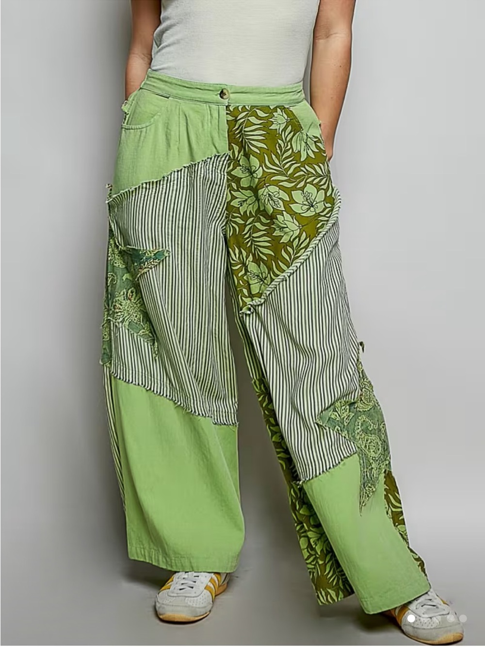 POL Light Green Patchwork Wide Leg Pants
